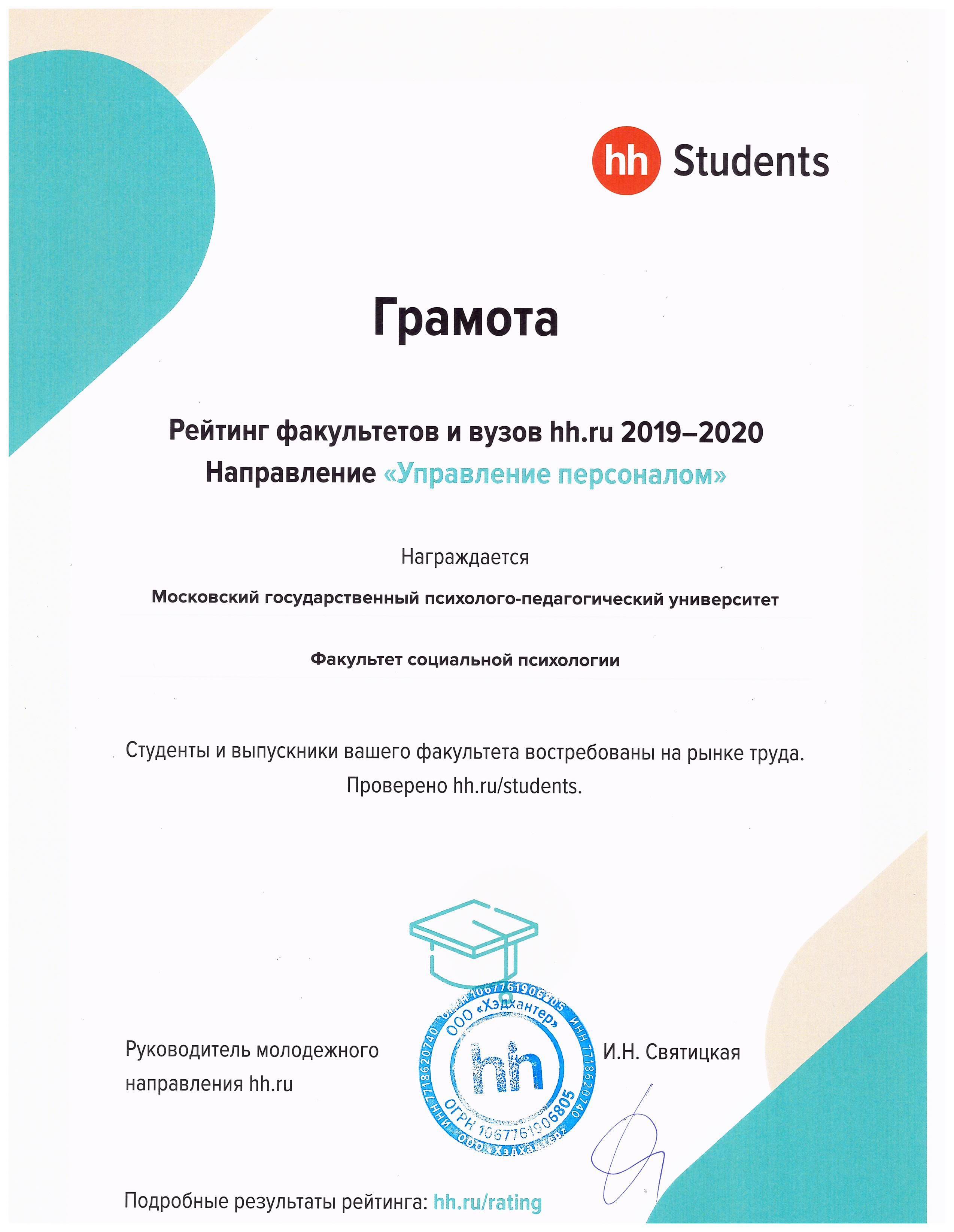 Факультет «Социальная психология» МГППУ награжден грамотой портала hh.ru по направлению «Управление персоналом»